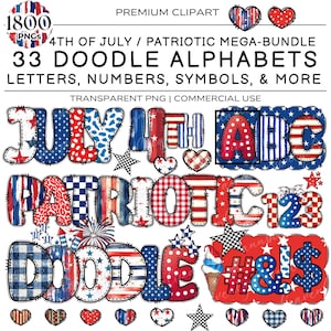 Fourth of July Doodle Alphabet, 4th July Doodle Letters PNG, Red White Blue Alphabet, Dalmatian Dot Letters, Patriotic, Brush Stroke Letter