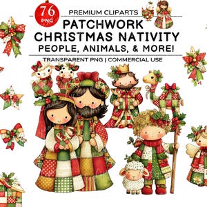 Könnte beinhalten: Eine Sammlung von Patchwork-Weihnachts-Krippen-Cliparts. Das Bild zeigt Figuren von Menschen, Tieren und anderen Elementen, alle in einem festlichen Rot-, Grün- und Weißton. Der Text lautet "PATCHWORK CHRISTMAS NATIVITY PEOPLE, ANIMALS, & MORE!"