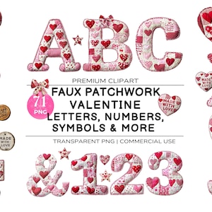 Valentine Patchwork Alphabet Letters — Valentines Quilted Alphabet — Quilted Patchwork Clipart — Alphabetical PNG — Heart Letters PNG