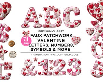 Valentine Patchwork Alphabet Letters — Valentines Quilted Alphabet — Quilted Patchwork Clipart — Alphabetical PNG — Heart Letters PNG