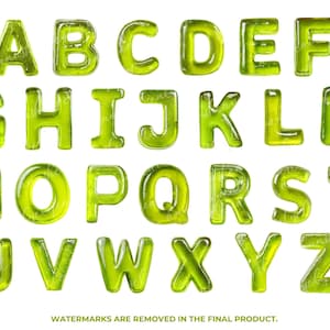 May include: A full alphabet of green, translucent letters, each with a bubbly texture, against a white background. The letters appear to be made of a gel-like substance. The text at the bottom reads: WATERMARKS ARE REMOVED IN THE FINAL PRODUCT.