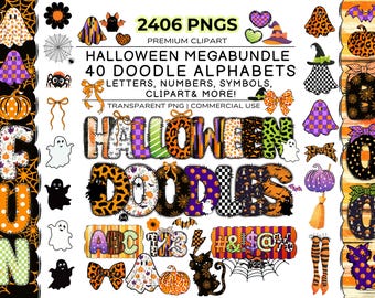 Halloween Letters, Spooky Letters, Bat Ghost Pumpkin, Doodle Font Bundle, Halloween Font PNG, Doodle Alphabet, Cute Halloweening Clipart