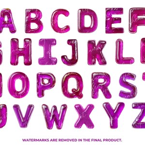 May include: A full alphabet of glossy, bubble-like letters in shades of pink and purple. Each letter is a unique design, with a transparent, jelly-like appearance. The letters are arranged in rows, with the text "WATERMARKS ARE REMOVED IN THE FINAL PRODUCT."