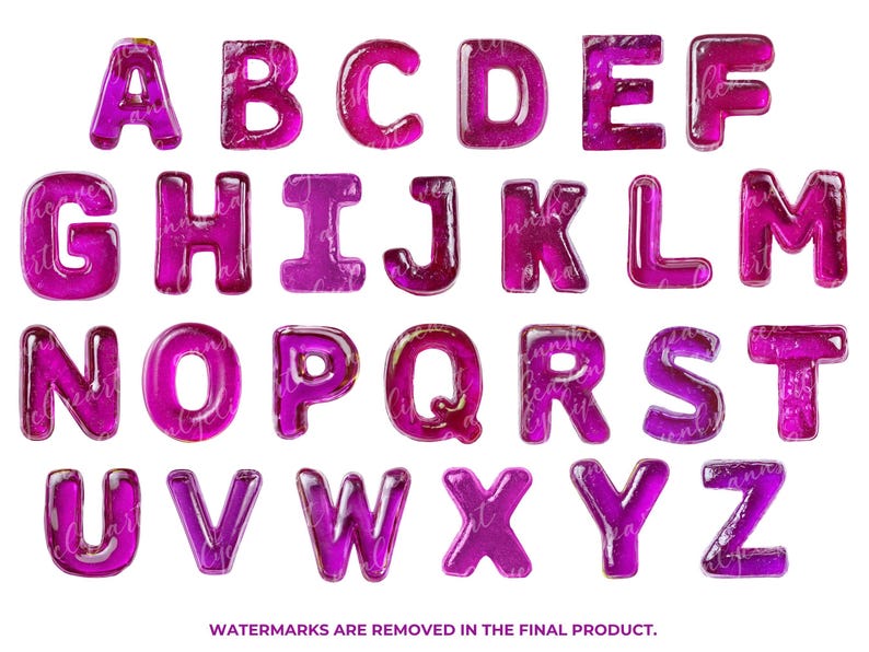 May include: A full alphabet of glossy, bubble-like letters in shades of pink and purple. Each letter is a unique design, with a transparent, jelly-like appearance. The letters are arranged in rows, with the text "WATERMARKS ARE REMOVED IN THE FINAL PRODUCT."