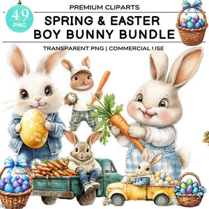 Könnte beinhalten: Ein Set mit 49 digitalen Illustrationen mit niedlichen Cartoon-Hasen in verschiedenen Frühlings- und Oster-Szenen. Die Hasen tragen Kleidung und halten Gegenstände wie Karotten, Eier und Körbe mit Eiern. Die Illustrationen sind perfekt zum Erstellen von Karten, Einladungen und anderen Bastelarbeiten.
