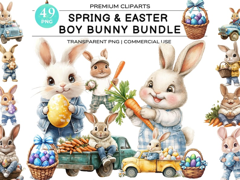K&ouml;nnte beinhalten: Ein Set mit 49 digitalen Illustrationen mit niedlichen Cartoon-Hasen in verschiedenen Fr&uuml;hlings- und Oster-Szenen. Die Hasen tragen Kleidung und halten Gegenst&auml;nde wie Karotten, Eier und K&ouml;rbe mit Eiern. Die Illustrationen sind perfekt zum Erstellen von Karten, Einladungen und anderen Bastelarbeiten.
