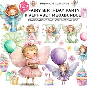 Watercolor Birthday Fairie Clipart, Fairie Alphabet & Fairy Numbers PNG, Cute Fairy Birthday Party Clipart Bundle, fairy clipart PNG, bundle