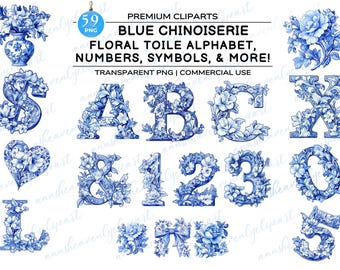 Chinoiserie Alphabet, Blue Floral Toile Letters, Feminine Numbers, Floral Letter Clipart, Blue Floral Toile Alphabet Clipart, Commercial us