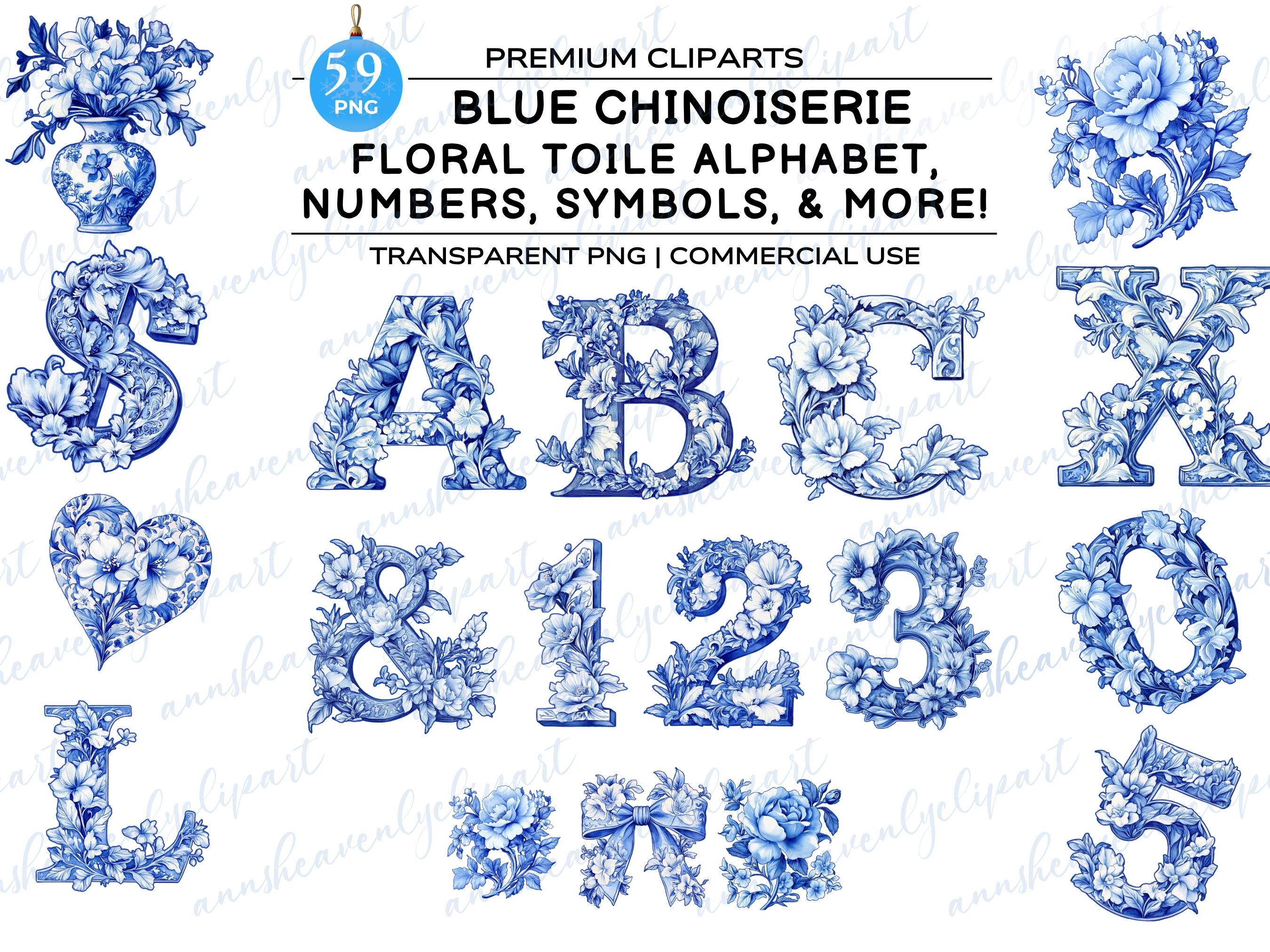 Chinoiserie Alphabet, Blue Floral Toile Letters, Feminine Numbers ...