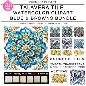 Mexican Talavera Tiles, Talavera Tile Clipart, Watercolor Mexican Clipart, Mexican PNG Bundle, Talavera Wall Art, Mexican Talavera Png