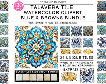 Mexican Talavera Tiles, Talavera Tile Clipart, Watercolor Mexican Clipart, Mexican PNG Bundle, Talavera Wall Art, Mexican Talavera Png