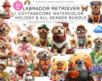 May include: A set of 83 digital watercolor illustrations of Labrador Retriever dogs in various seasonal outfits and settings. The illustrations are in a cottagecore style and include holiday themes like Easter, St. Patrick's Day, Christmas, and Halloween.