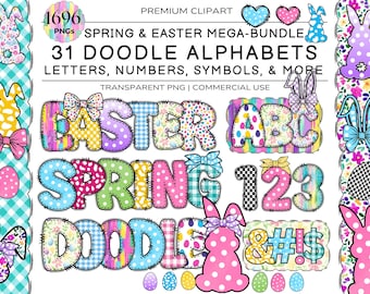 May include: A set of 31 colorful doodle alphabet letters, numbers, and symbols with a spring and Easter theme. The letters are decorated with polka dots, gingham, floral patterns, and bunny ears. The numbers are decorated with polka dots, gingham, and checkered patterns. The symbols include an ampersand, hashtag, exclamation point, and dollar sign. The letters and numbers are outlined in black and have a stitched look. The symbols are outlined in black and have a white background.