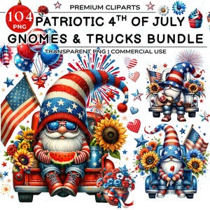 Watercolor 4th Of July Gnomes Clipart, Patriotic Gnome Clipart PNG Bundle, Gnomee Trucks, Commercial Use, Veterans Day, Memorial Day Bundle