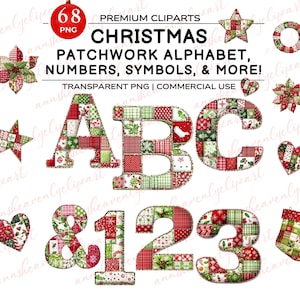 Könnte beinhalten: Weihnachtliches Patchwork-Alphabet, Zahlen und Symbole in Rot, Grün und Weiß. Das Bild enthält die Buchstaben A, B und C, die Zahlen 1, 2 und 3 sowie verschiedene weihnachtliche Formen. Der Text lautet "CHRISTMAS PATCHWORK ALPHABET, NUMBERS, SYMBOLS, & MORE!"