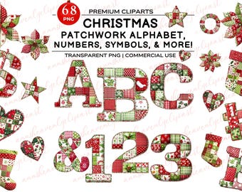 Christmas Letters, Holiday Patchwork, Quilted Alphabet, Christmas Numbers, Big Letter Clipart Bundle, Folkart PNG, Xmas Letters, Sublimation