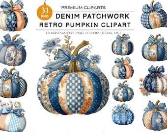 Retro Halloween Blue Denim Pumpkin Png,  Halloween Pumpkin Clipart Bundle, Patchwork Denim PNGs, Spooky Season Floral Pumpkin Clipart
