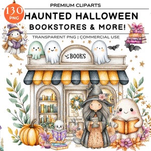 Halloween Bookstore, Haunted Fall Bookstore PNG, Trendy Cute Halloween Spooky Cute Ghosts Cozy Bookish Library, Halloween Cliapart Bundle
