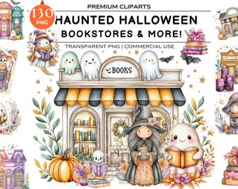 Halloween Bookstore, Haunted Fall Bookstore PNG, Trendy Cute Halloween Spooky Cute Ghosts Cozy Bookish Library, Halloween Cliapart Bundle