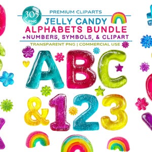 Jelly Candy ABCs and 123s are depicted in this clipart bundle that features 4 gummy jelly candy clipart alphabets. Included are letters, numbers, symbols, clipart, and gummy rainbow candy cliparts. The digital download clipart bundle contains 305 transparent PNG with commercial use rights.
