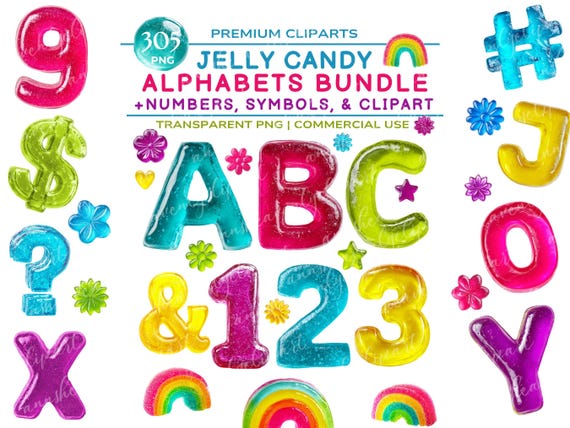 Jelly Candy Alphabet Clipart — Jelly Letters PNG Bundle with Numbers Symbols Clipart — 3D Gummy Candy Font — Big Printable Letters