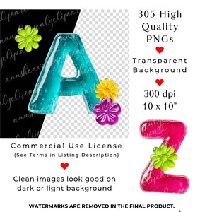 May include: Digital graphics set featuring the letters "A" and "Z" in a vibrant, translucent style, adorned with colorful flower accents. The image includes text indicating 305 high-quality PNGs, a transparent background, and a resolution of 10 x 10 inches.