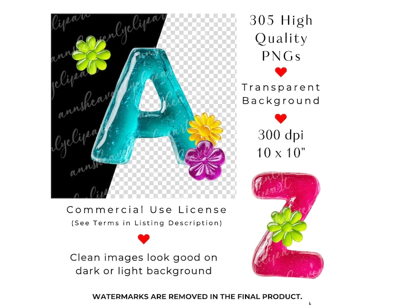 May include: Digital graphics set featuring the letters "A" and "Z" in a vibrant, translucent style, adorned with colorful flower accents. The image includes text indicating 305 high-quality PNGs, a transparent background, and a resolution of 10 x 10 inches.