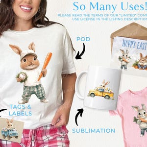 K&ouml;nnte beinhalten: Ein wei&szlig;es T-Shirt mit einem Cartoon-Bild eines Kaninchens, das einen Baseballschl&auml;ger und einen Baseball h&auml;lt. Das Kaninchen tr&auml;gt eine Baseballkappe und karierte Shorts. Der Text "TAGS & LABELS" befindet sich auf dem T-Shirt. Das Bild ist auf einer wei&szlig;en Tasse, einem rosa T-Shirt und einem Geschenkanh&auml;nger abgebildet. Der Text "POD" und "SUBLIMATION" befindet sich auf dem Bild. Der Text "HOPPY EASTER" befindet sich auf einer Karte.