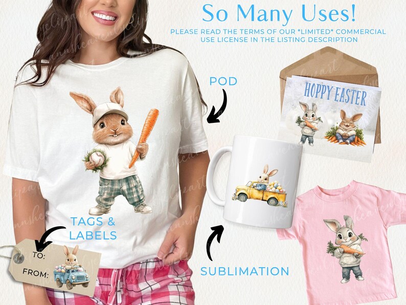 K&ouml;nnte beinhalten: Ein wei&szlig;es T-Shirt mit einem Cartoon-Bild eines Kaninchens, das einen Baseballschl&auml;ger und einen Baseball h&auml;lt. Das Kaninchen tr&auml;gt eine Baseballkappe und karierte Shorts. Der Text "TAGS & LABELS" befindet sich auf dem T-Shirt. Das Bild ist auf einer wei&szlig;en Tasse, einem rosa T-Shirt und einem Geschenkanh&auml;nger abgebildet. Der Text "POD" und "SUBLIMATION" befindet sich auf dem Bild. Der Text "HOPPY EASTER" befindet sich auf einer Karte.