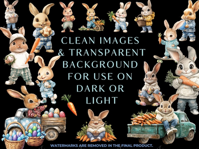 K&ouml;nnte beinhalten: Ein digitaler Clipart-Satz mit 12 Osterhasen in verschiedenen Posen, darunter Hasen, die Karotten, Eier und K&ouml;rbe halten. Die Hasen sind in verschiedenen Farben, darunter Blau, Rosa und Wei&szlig;. Der Hintergrund ist transparent.