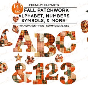 Könnte beinhalten: Eine digitale Sammlung von herbstlichen Patchwork-Grafiken mit Buchstaben, Zahlen, Symbolen und Icons wie Kürbissen, Totenköpfen, Sternen und Hexen. Der Text lautet PREMIUM CLIPARTS FALL PATCHWORK ALPHABET, NUMBERS SYMBOLS, & MORE! TRANSPARENT PNG.
