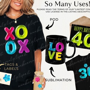 May include: Black t-shirt with colorful "XO OX" text. A black mug with "LOVE" text, a birthday card with "40", and a t-shirt with "30" are also shown. The image also includes a tag and a glass with a straw.