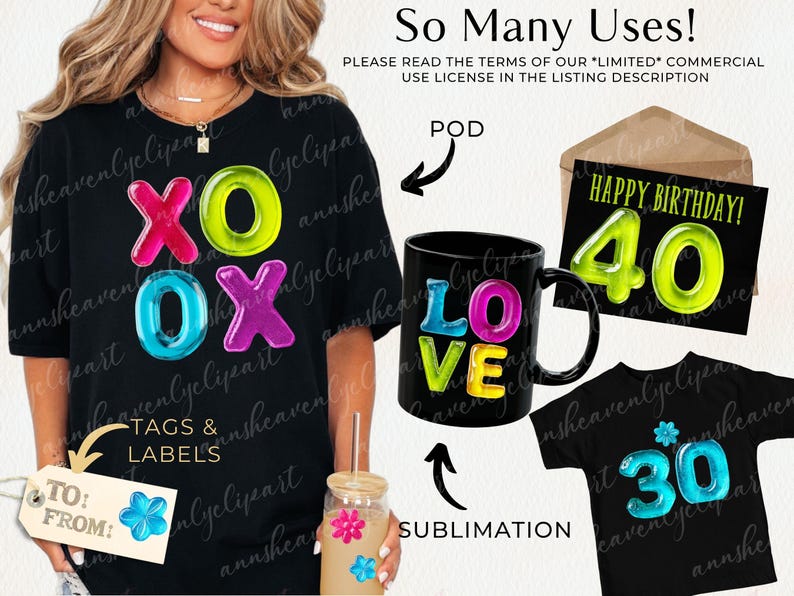May include: Black t-shirt with colorful "XO OX" text. A black mug with "LOVE" text, a birthday card with "40", and a t-shirt with "30" are also shown. The image also includes a tag and a glass with a straw.