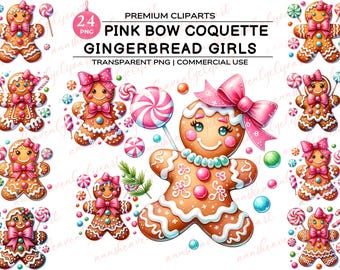 Gingerbread Girls, Pink Bow Coquette, Gingerbread PNG pink, Gingerbread Sublimation, Pink Christmas,  Gingerbread Clipart, Digital Download