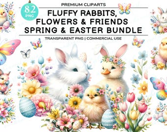 Floral Rabbit Easter Clipart, Colorful Easter Rabbit Clipart, Floral Bunny Clipart, Spring Easter Lamb Chick Duckling Clipart PNG Bundle