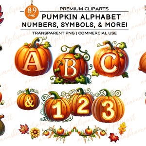 May include: A collection of fall-themed clip art elements, including pumpkins with letters and numbers, scarecrows, acorns, and leaves. The pumpkins are orange with white lettering. The text reads "PUMPKIN ALPHABET NUMBERS, SYMBOLS, & MORE!"