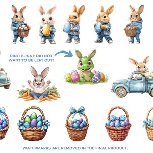 K&ouml;nnte beinhalten: Ein Set mit Illustrationen zum Thema Ostern mit Hasen, einem Dinosaurier und K&ouml;rben voller bunter Eier. Die Hasen tragen blaue Jeans-Overalls und halten K&ouml;rbe mit Eiern. Der Dinosaurier ist gr&uuml;n und hat einen freundlichen Gesichtsausdruck. Die K&ouml;rbe sind geflochten und mit bunten Eiern gef&uuml;llt.