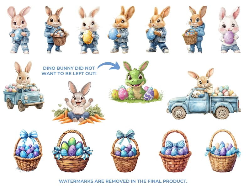 K&ouml;nnte beinhalten: Ein Set mit Illustrationen zum Thema Ostern mit Hasen, einem Dinosaurier und K&ouml;rben voller bunter Eier. Die Hasen tragen blaue Jeans-Overalls und halten K&ouml;rbe mit Eiern. Der Dinosaurier ist gr&uuml;n und hat einen freundlichen Gesichtsausdruck. Die K&ouml;rbe sind geflochten und mit bunten Eiern gef&uuml;llt.