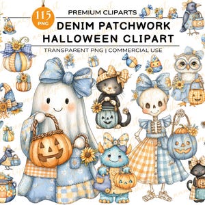 Op de afbeelding: Een verzameling denim patchwork Halloween clipart illustraties. De afbeeldingen tonen verschillende personages, waaronder een spook, kat, skelet en uil, allemaal gekleed in blauwe en gele patchwork outfits en met pompoenen. De clipart is transparant PNG voor commercieel gebruik.
