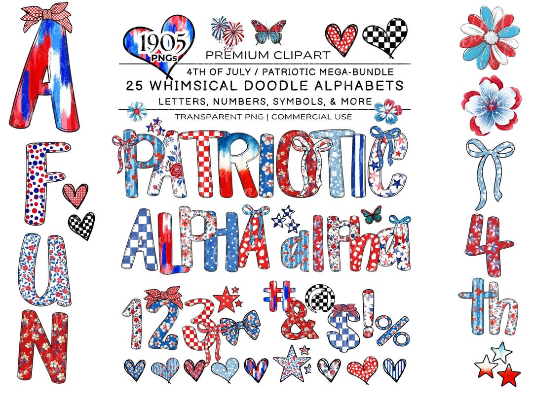 Fourth of July Doodle Alphabet, 4th July Doodle Letters PNG, Floral ...