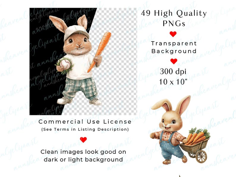 K&ouml;nnte beinhalten: Ein Set mit 49 digitalen Illustrationen von niedlichen Cartoon-Hasen in verschiedenen Posen. Die Hasen halten einen Baseballschl&auml;ger, einen Baseball, Karotten und eine Schubkarre. Die Bilder haben einen transparenten Hintergrund und sind 300 dpi, 10 Zoll mal 10 Zoll.