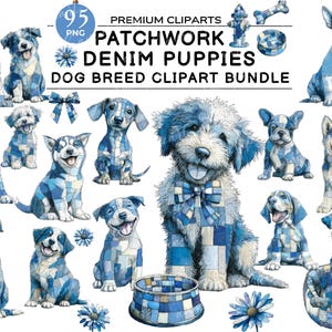 以下が含まれることがあります： さまざまな犬種の水彩画クリップアートのコレクション。それぞれが青色のパッチワークデニムパターンでデザインされています。画像には「PATCHWORK DENIM PUPPIES DOG BREED CLIPART BUNDLE」というテキストが含まれています。