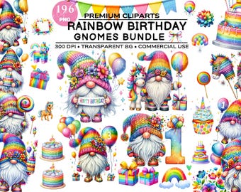 May include: A digital collection of rainbow-themed birthday gnome illustrations featuring gnomes in colorful knit hats, birthday cakes, balloons, gift boxes, unicorns, and rainbows. The text reads: 196 PNG, PREMIUM CLIPARTS, RAINBOW BIRTHDAY GNOMES BUNDLE, 300 DPI, TRANSPARENT BG, COMMERCIAL USE, HAPPY BIRTHDAY.