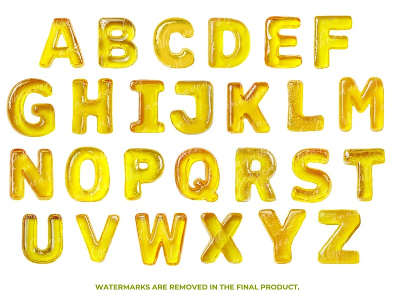 May include: A full alphabet of yellow, translucent letters, each with a rounded, bubbly appearance. The letters are arranged in rows, from A to Z, against a white background. The image is well-lit, highlighting the texture of the letters.