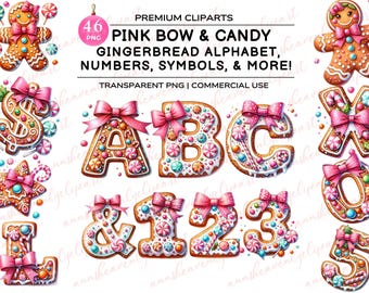 Gingerbread Alphabet, Pink Bow Alphabet, Gingerbread PNG pink, Gingerbread Sublimation, Christmas Alphabet,  Alphabet Clipart, Digital Downl
