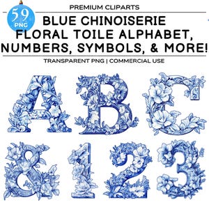 Chinoiserie Alphabet, Blue Floral Toile Letters, Feminine Numbers, Floral Letter Clipart, Blue Floral Toile Alphabet Clipart, Commercial us