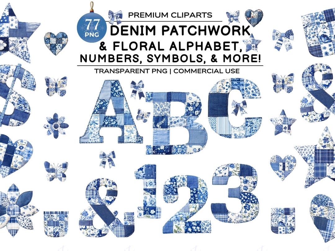 Denim Letters, Blue Grandmillenial Alphabet Clipart, Patchwork Bundle ...