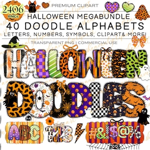Halloween Letters, Spooky Letters, Bat Ghost Pumpkin, Doodle  Font Bundle, Halloween Font PNG, Doodle Alphabet, Cute Halloweening Clipart