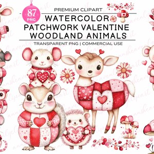 Patchwork Valentine Animal Cipart — Cute Woodland Animals Clipart — Cute Classroom Valentine PNG — Valentines Day Watercolor Clipart