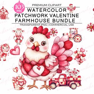 Patchwork Valentine Farmhouse Watercolor PNG Clipart — Valentine Farm Animals — Valentine Tractor PNG — Chicken Cow PNG — Cute Farm Clipart